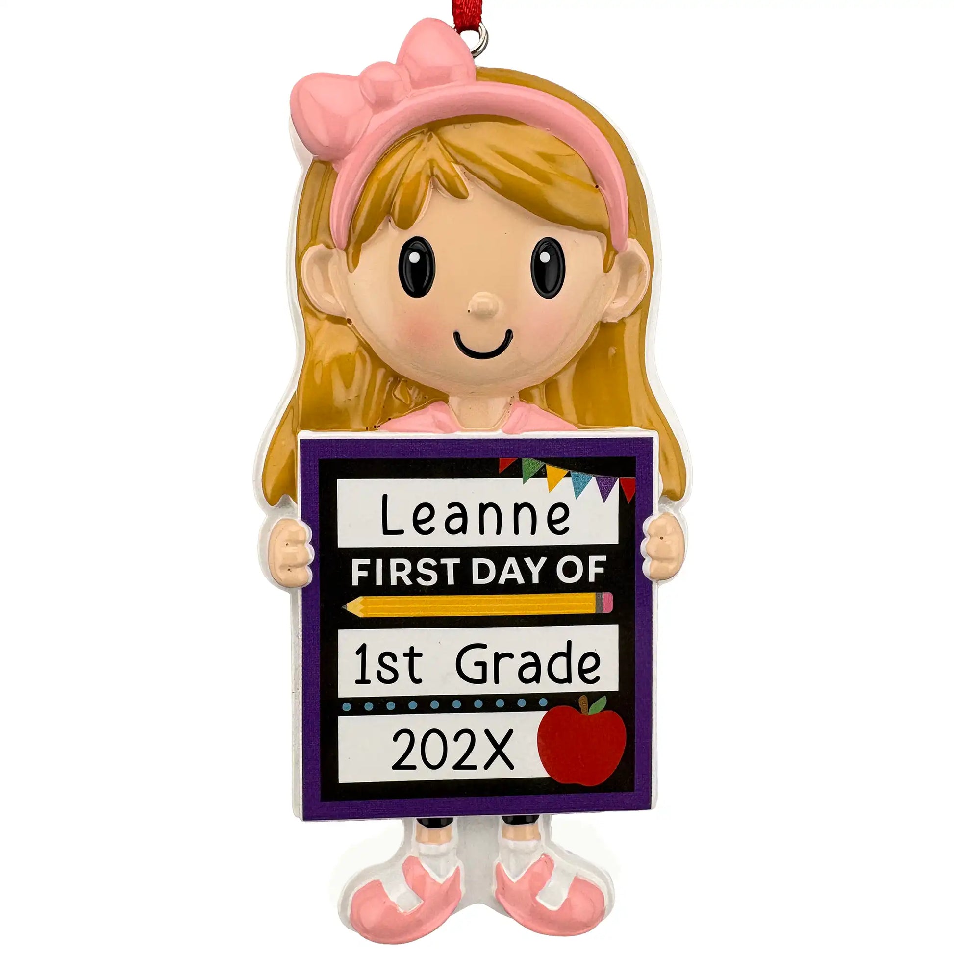 Personalized first day of school ornament for girls, hand-painted girl with pink bow holding a chalkboard sign laser engraved with name, grade, and year