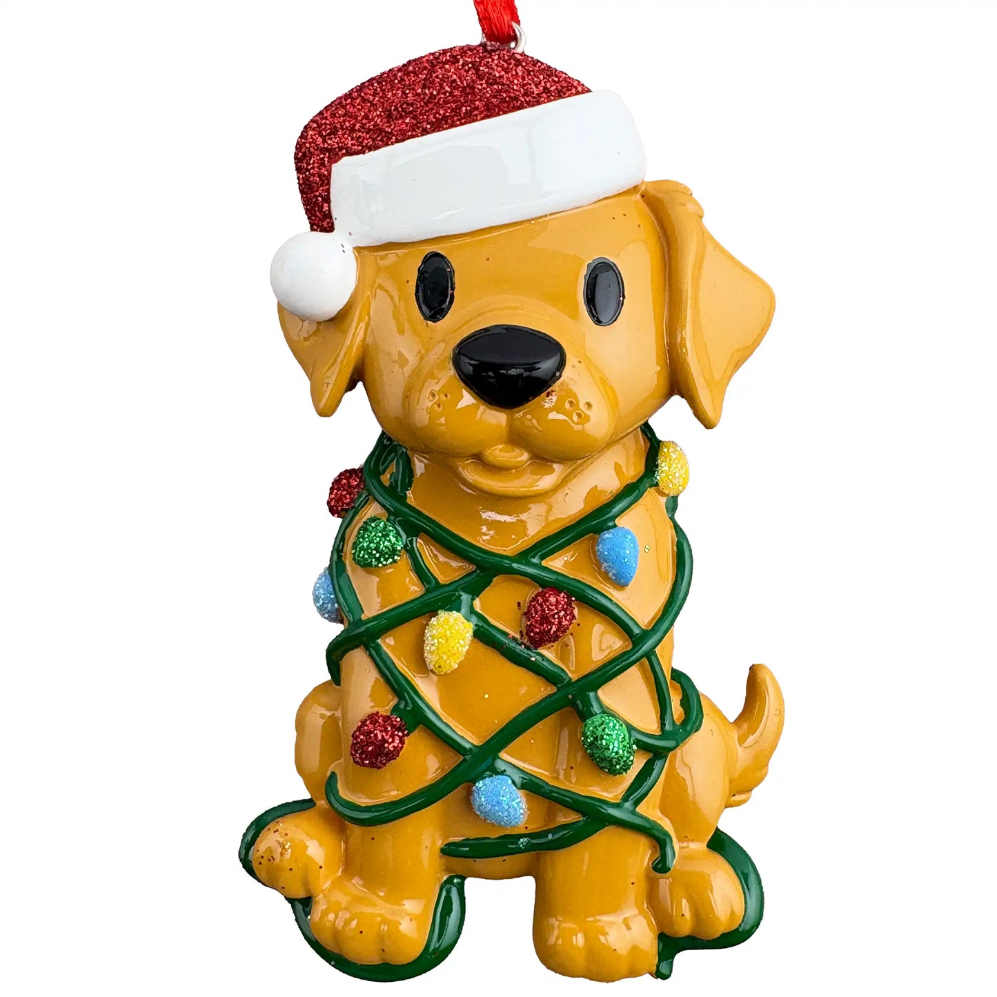 Golden puppy in Santa hat wrapped in Christmas lights personalized ornament shown blank before the name and year are engraved