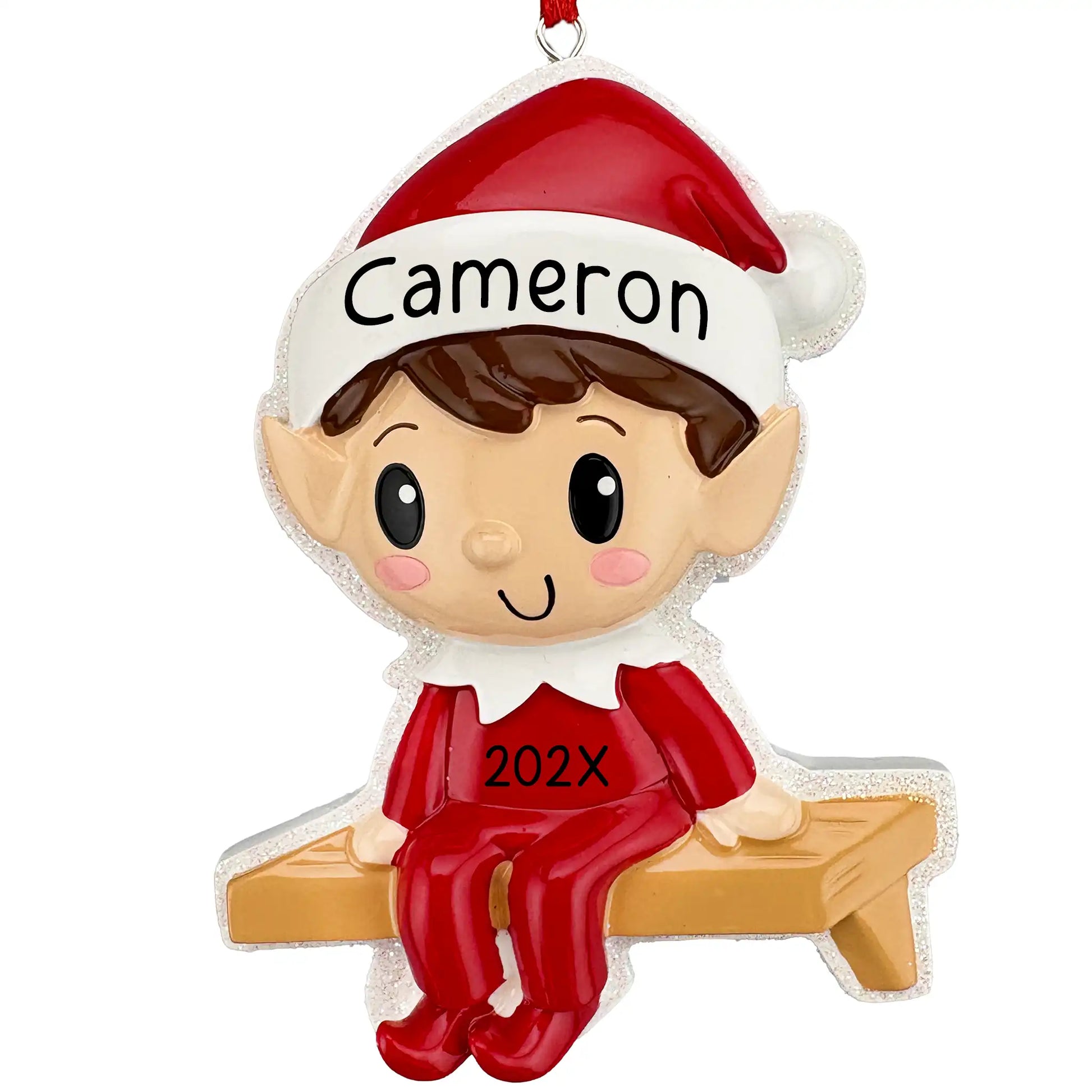 Personalized Christmas elf ornament, glittery elf in a red suit and Santa hat on a wooden bench, laser engraved with a name and year