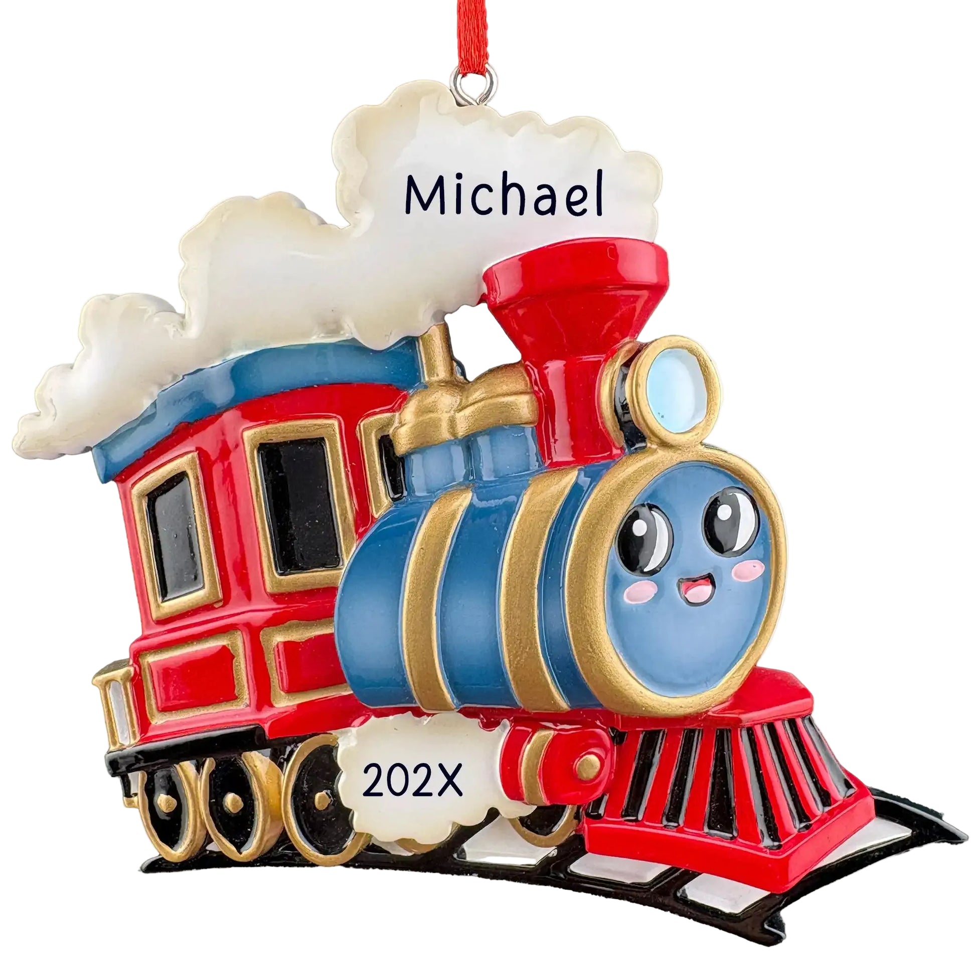 Personalized train Christmas ornament, hand-painted red and green engine with a friendly face, laser engraved with a child's name and year