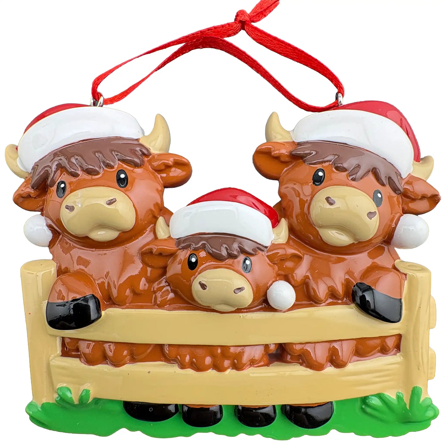 Highland Cow family of 3 personalized ornament shown blank before the names, family name, and year are engraved