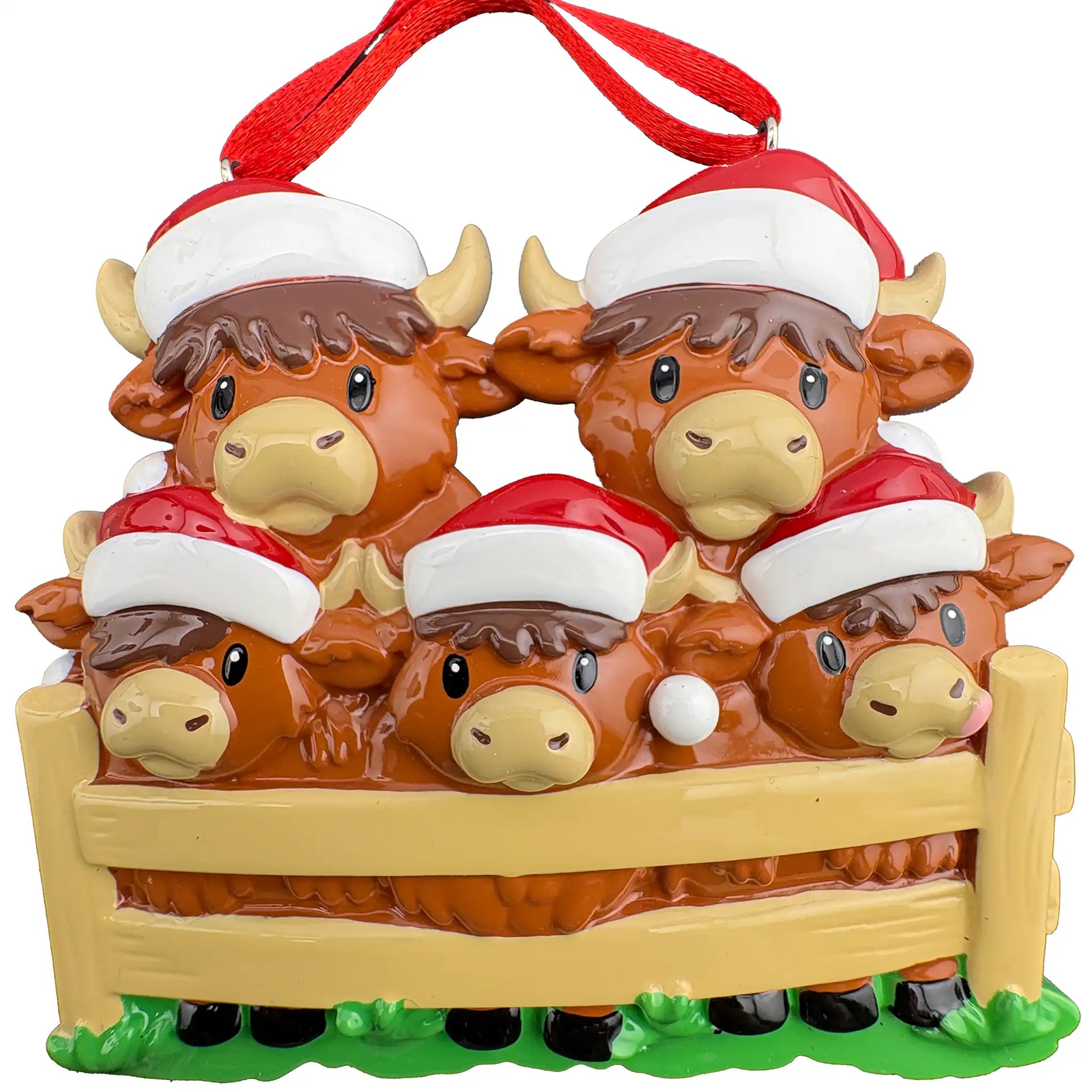 Highland Cow family of 5 personalized ornament shown blank before the names, family name, and year are engraved