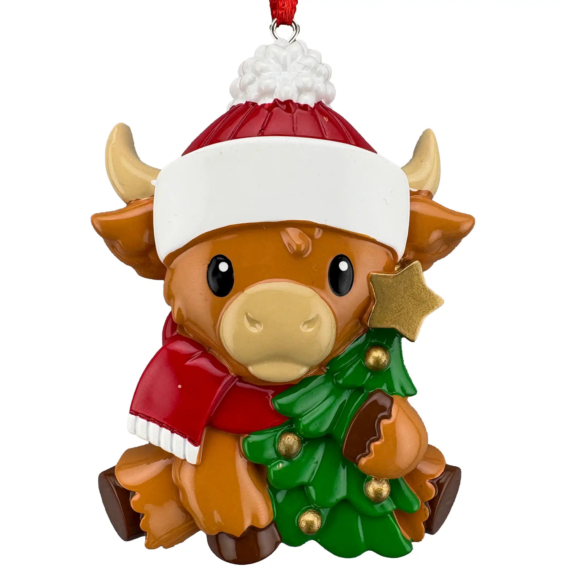 Highland baby cow personalized Christmas ornament shown blank, cow in red hat hugging a tree before laser engraving