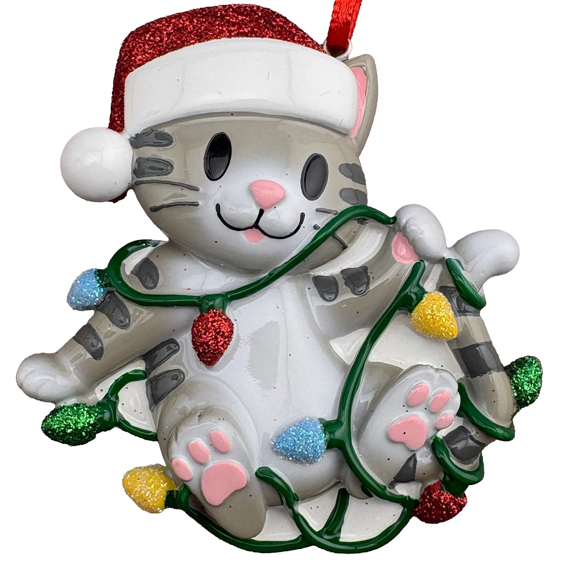 Personalized cat Christmas ornament of a gray kitten tangled in Christmas lights