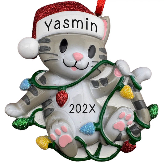 Personalized cat ornament with a gray kitten in a Santa hat with name laser engraved