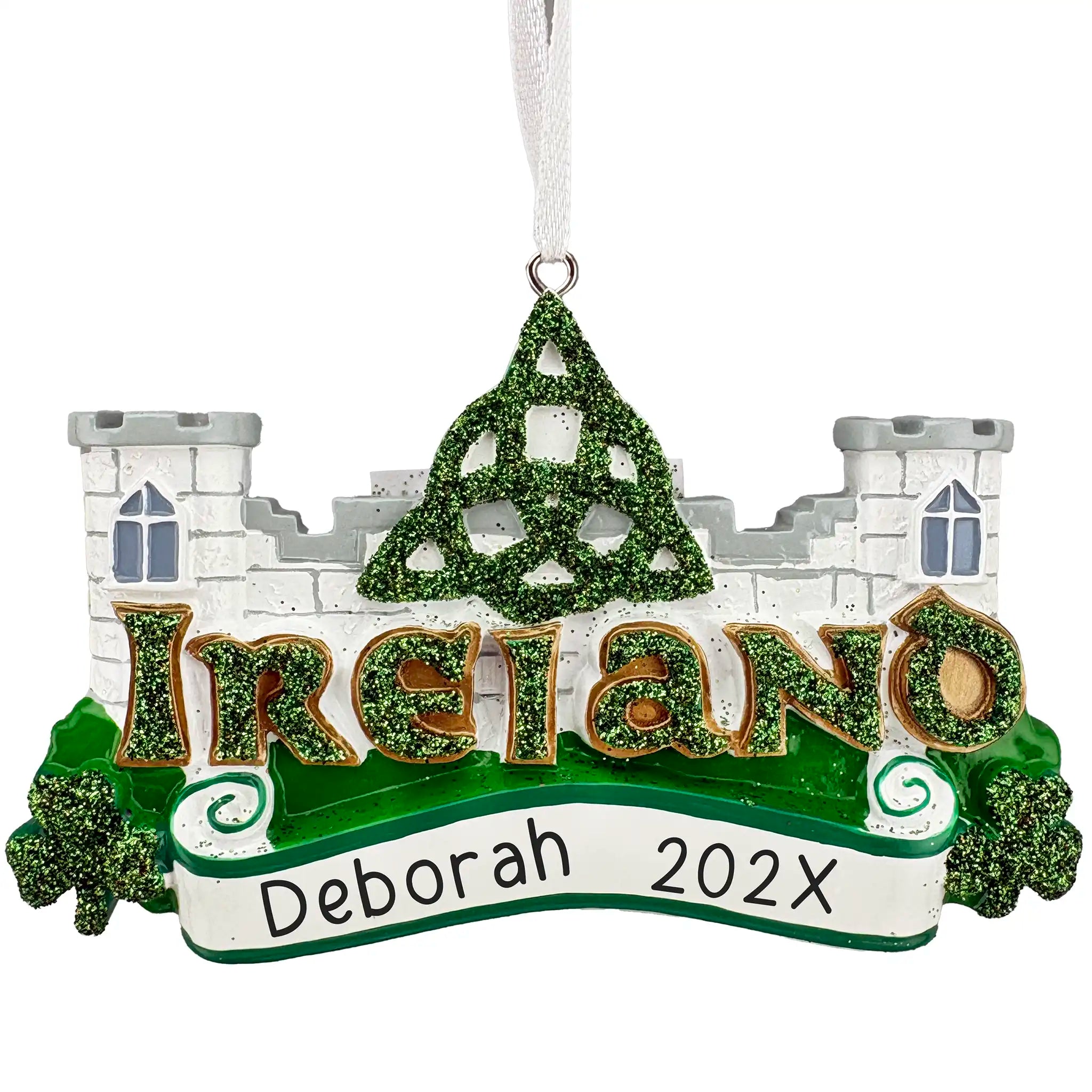 Ireland ornament featuring castle, Celtic knot, and green glitter personalized with name and year