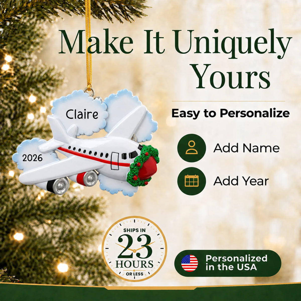 Make it yours: add name and year to the personalized jet airplane travel christmas ornament