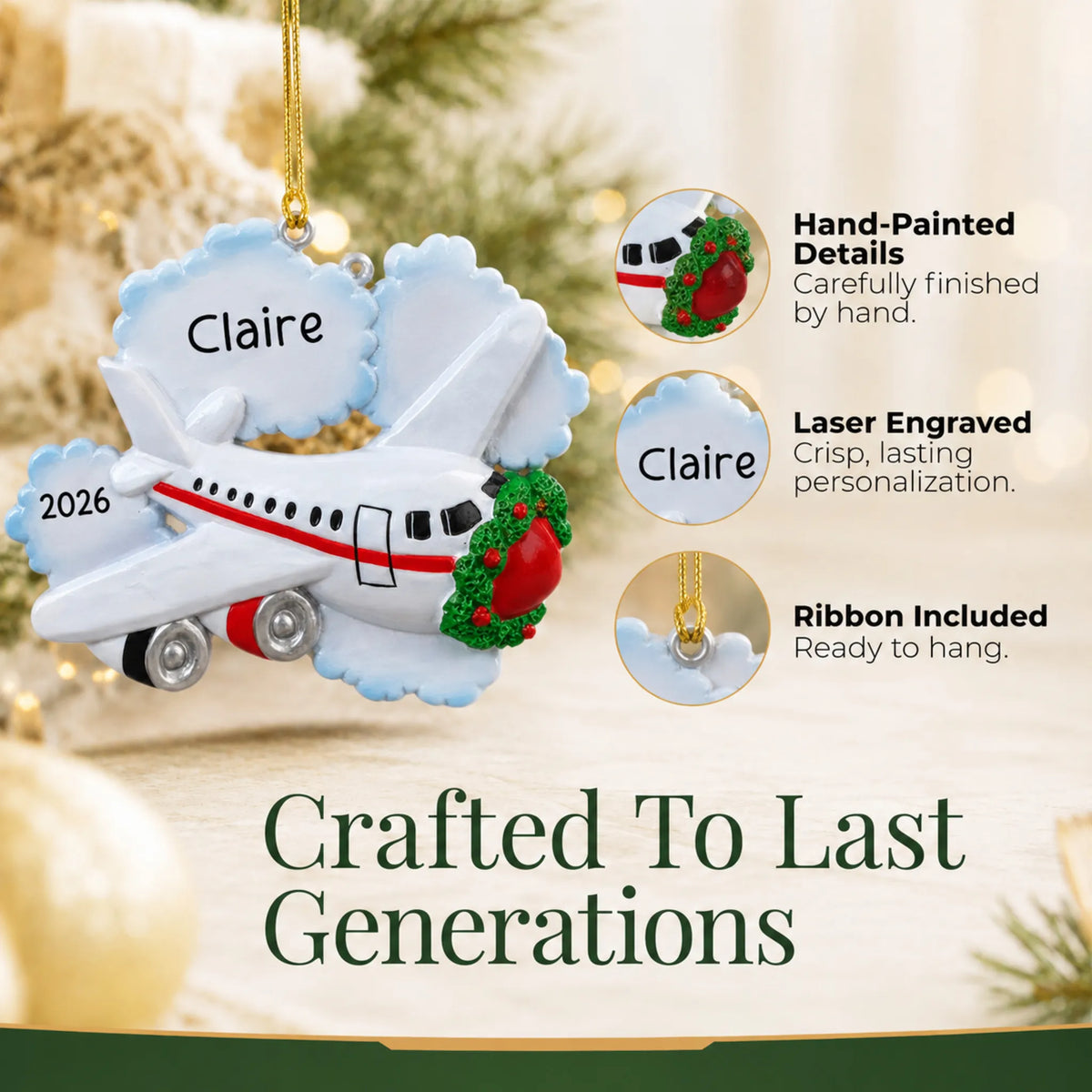Hand-painted details and laser engraved personalization on the jet airplane travel christmas ornament, ribbon included