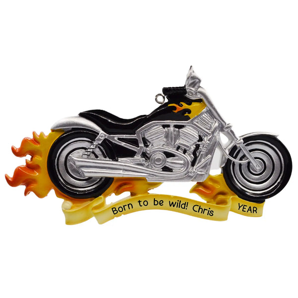 Personalized Christmas ornament shaped like a silver and black motorcycle with yellow and orange flames, set on a blank yellow banner ready for custom name engraving.