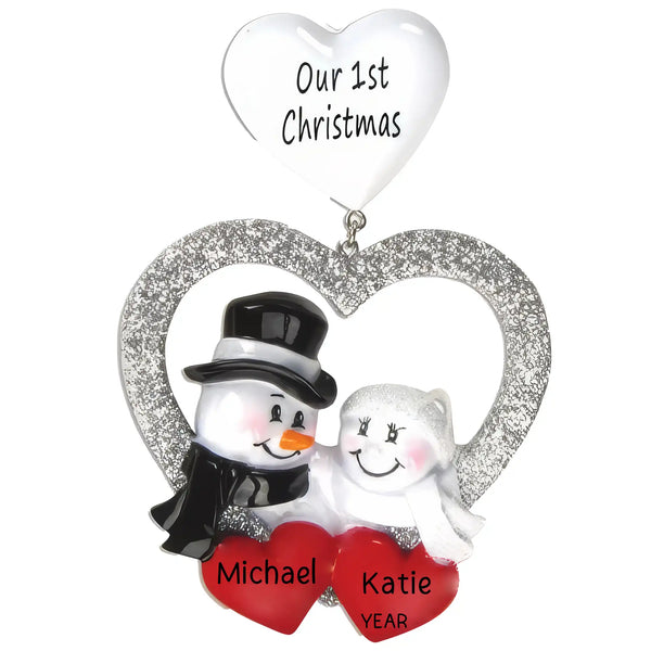 Personalized Wedding Snowman Our 1st Christmas Ornament engraved names wedding milestone keepsake