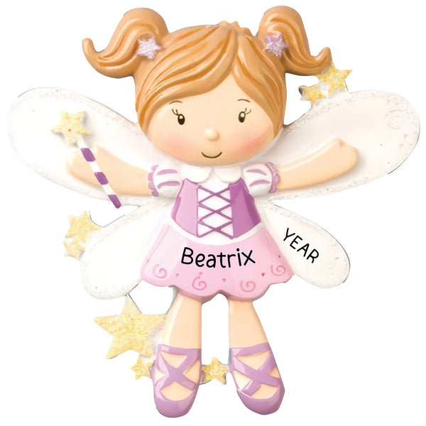 Personalized fairy Christmas ornament with blonde pigtails, pink and purple dress, sparkly white wings and golden glitter stars, customizable with name and year