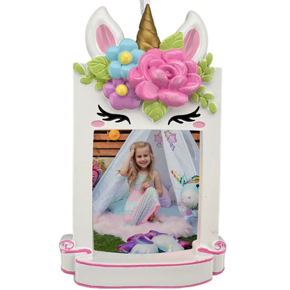 Unicorn photo frame personalized Christmas ornament shown blank, white unicorn face frame with gold horn and floral crown before laser engraving