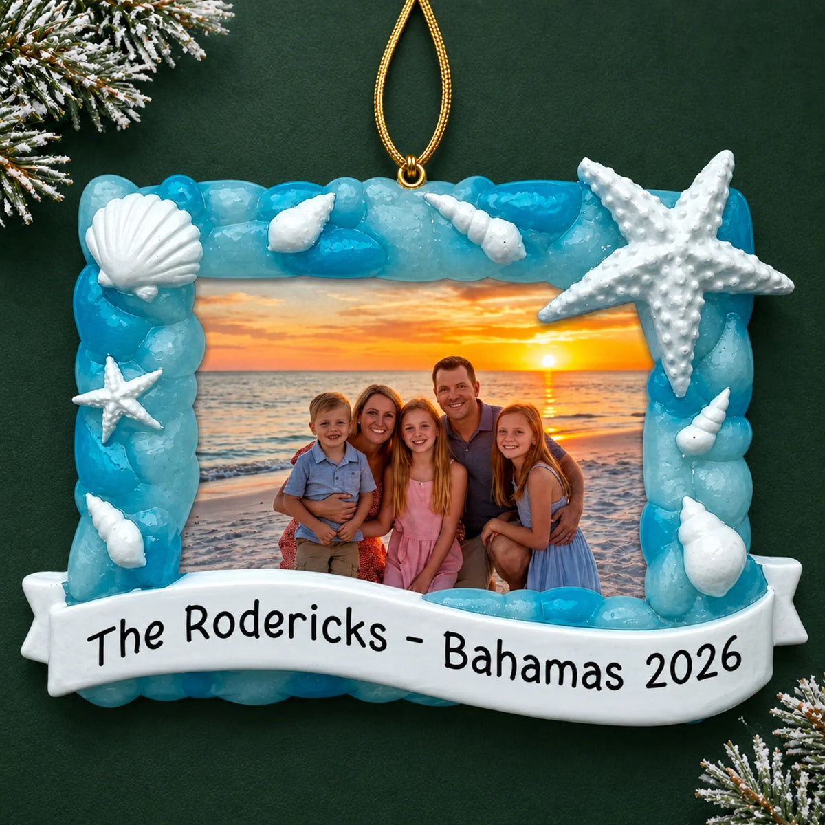 Personalized beach vacation photo frame christmas ornament on a dark green pine background