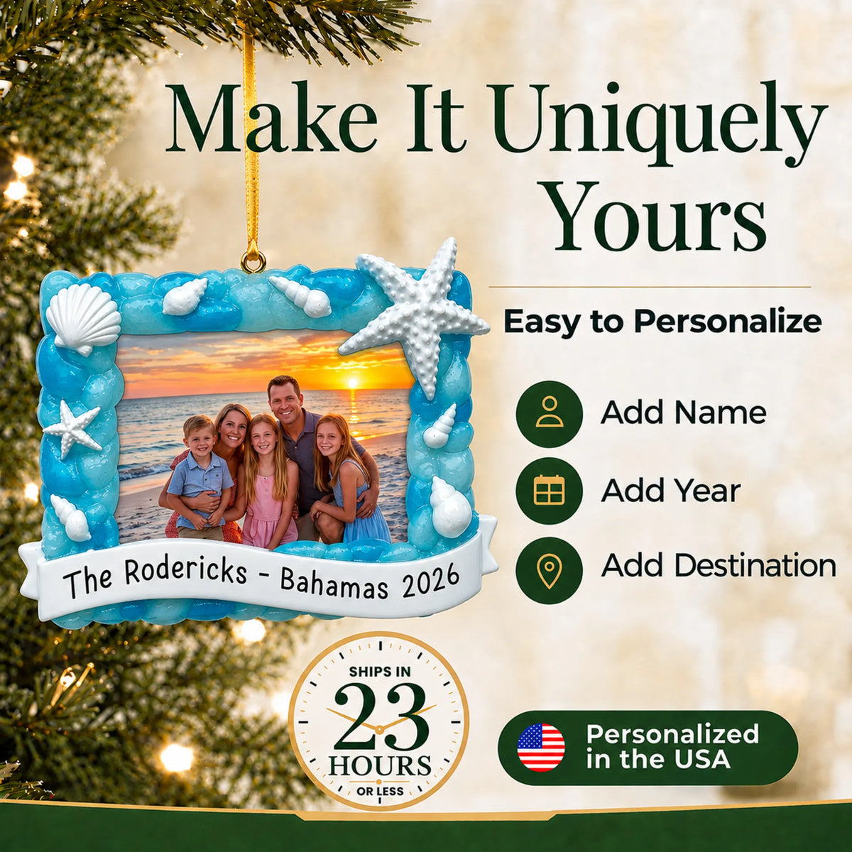 Make it yours: add name, year and destination to the personalized beach vacation photo frame christmas ornament