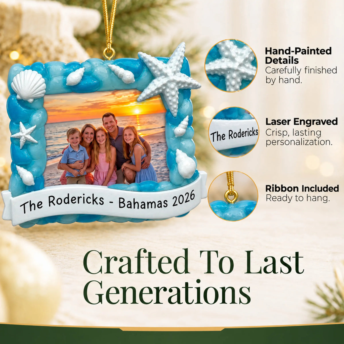 Hand-painted details and laser engraved personalization on the beach vacation photo frame christmas ornament, ribbon included