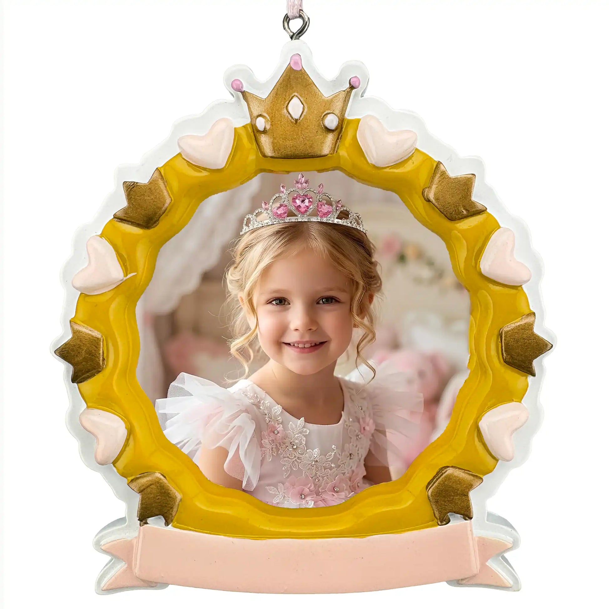 Princess crown photo frame personalized Christmas ornament shown blank, gold heart and crown frame before laser engraving
