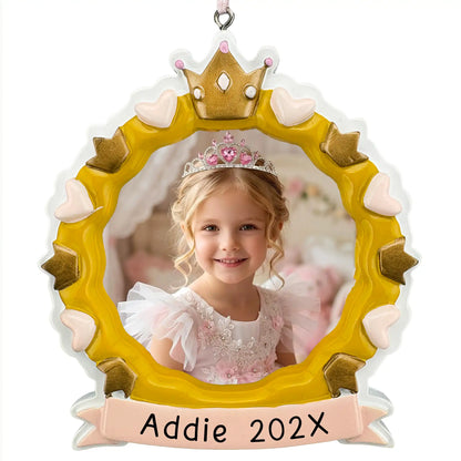 Personalized princess photo frame ornament with gold crown and pink hearts, holding a girl's photo above a laser engraved pink name banner