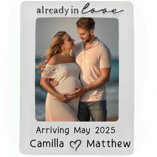 Expecting Couple Photo Frame Personalized Christmas Ornament with custom names and baby's arrival date.