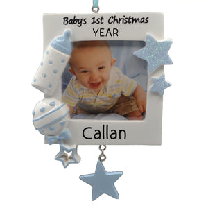 Personalized blue baby's first picture frame ornament, laser engraved with name and year