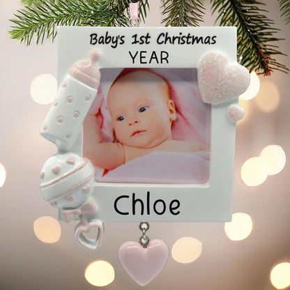 Adorno navideño con marco para la primera foto del bebé (rosa) 