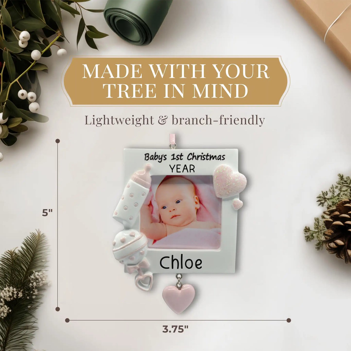 Adorno navideño con marco para la primera foto del bebé (rosa) 