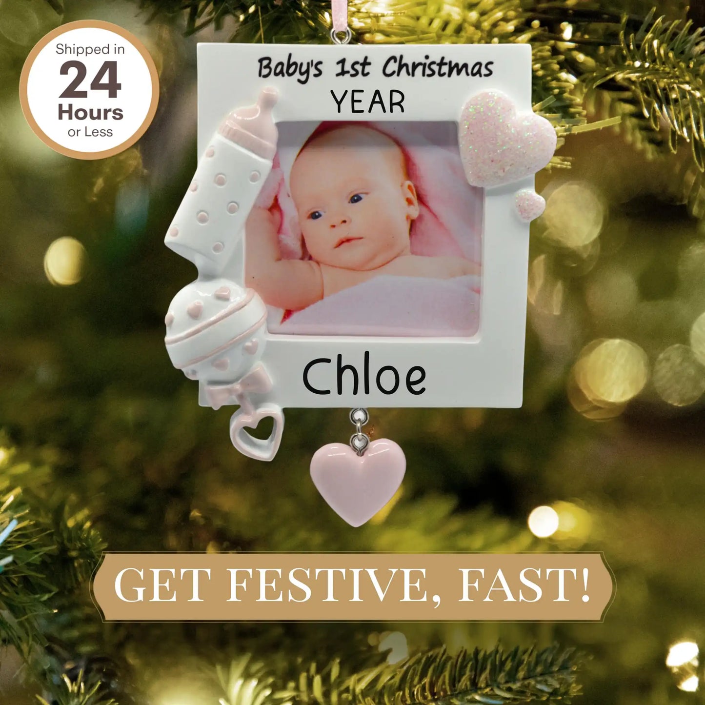 Adorno navideño con marco para la primera foto del bebé (rosa) 