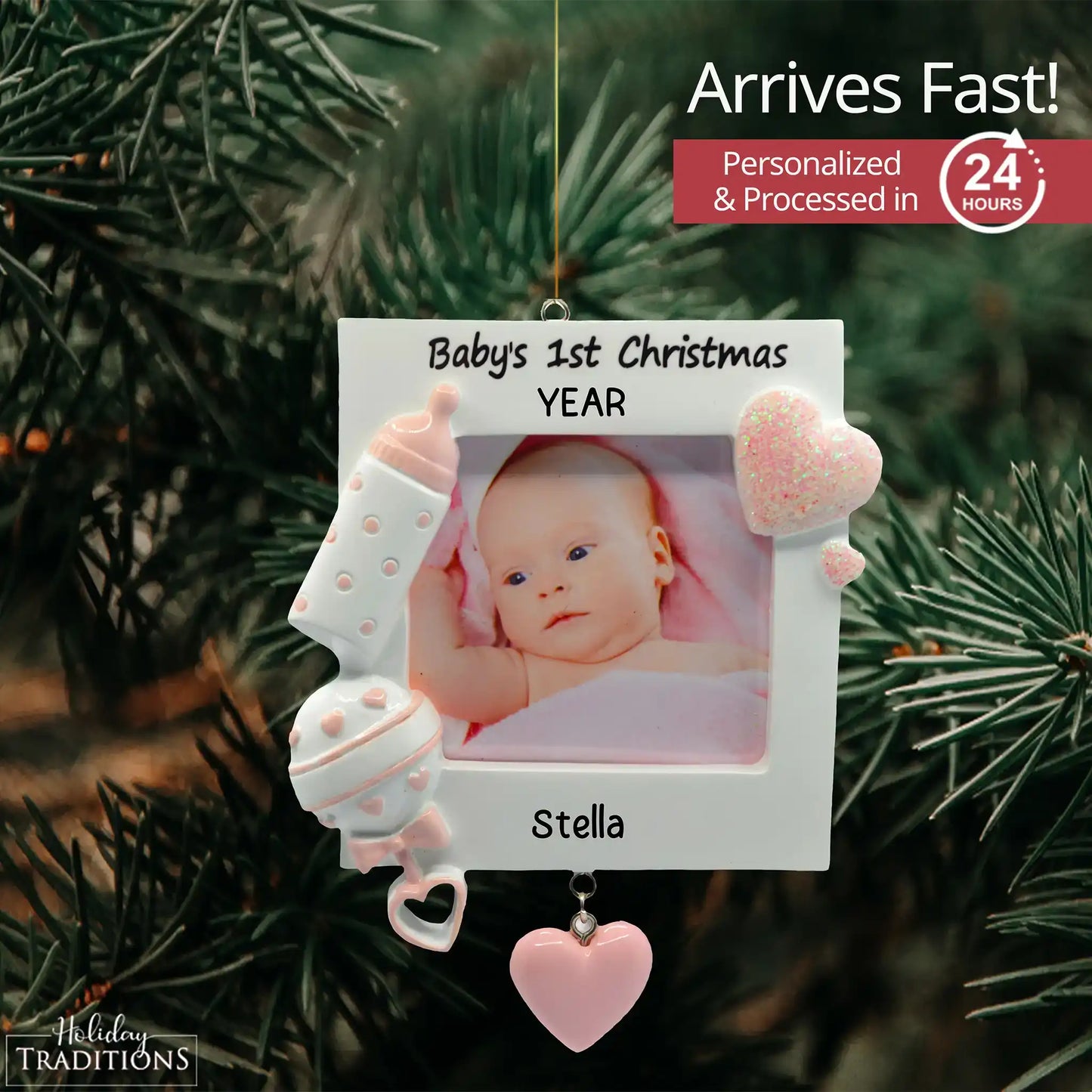 Adorno navideño con marco para la primera foto del bebé (rosa) 