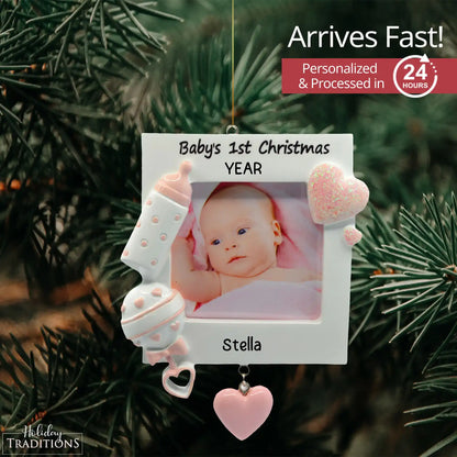 Adorno navideño con marco para la primera foto del bebé (rosa) 