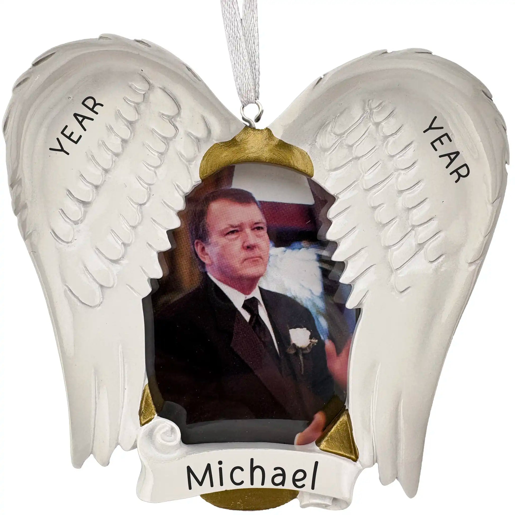 White angel wings Christmas ornament with gold accents framing a photo in memory of a loved one