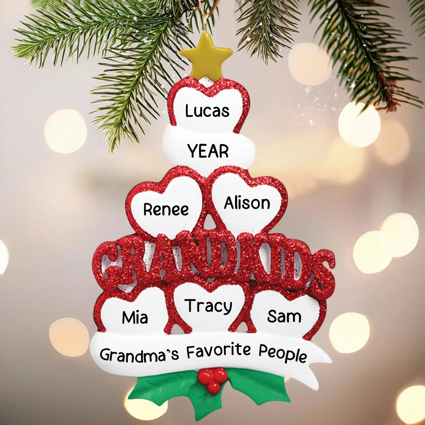 Adorno navideño de la familia de 6 nietos con corazones 