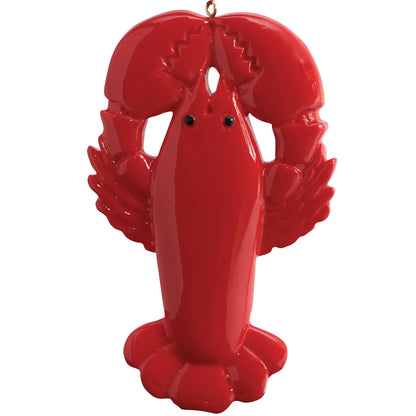 Glossy red resin lobster Christmas ornament fully sculpted with detailed claws, legs, and fan tail
