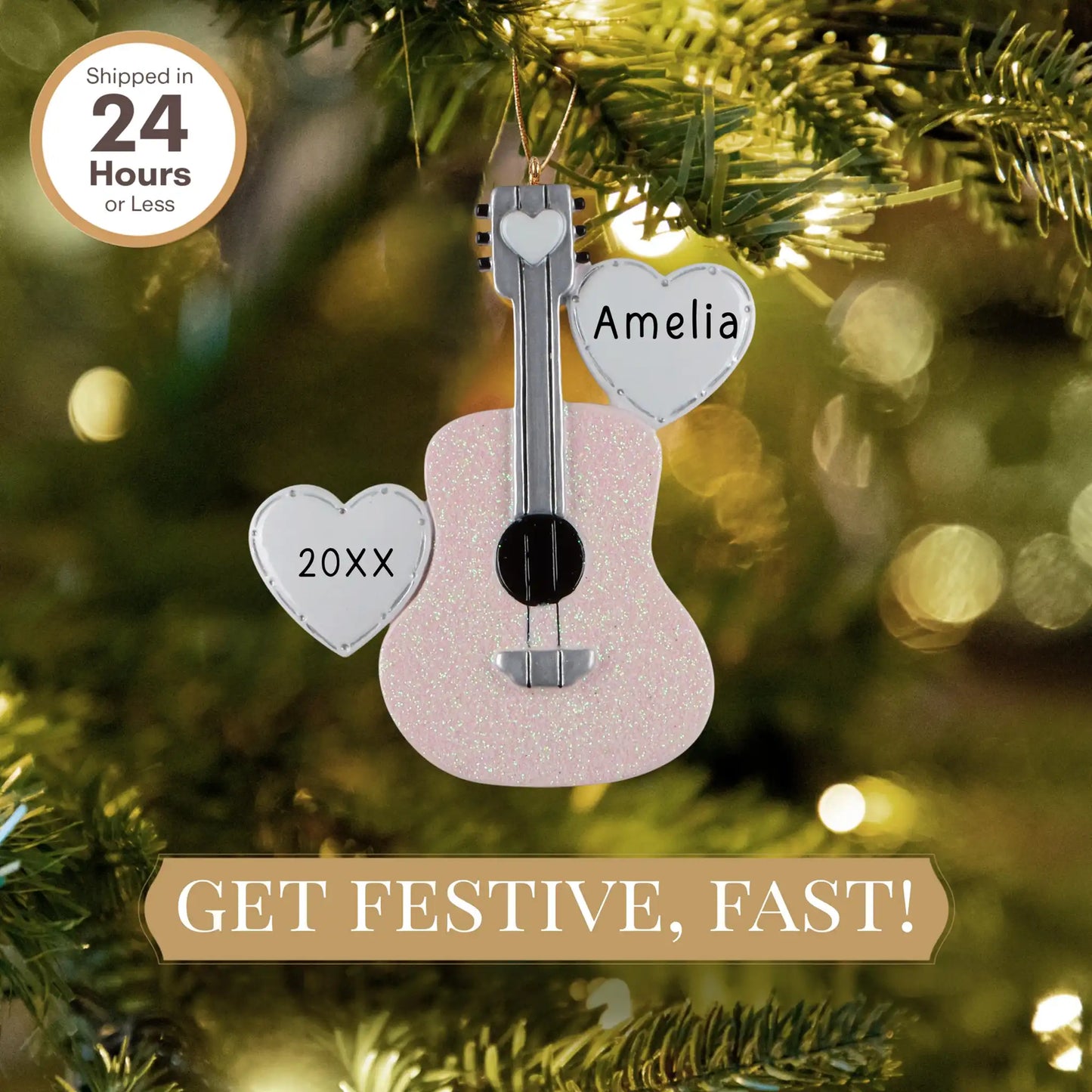 Adorno personalizado con purpurina de guitarra rosa