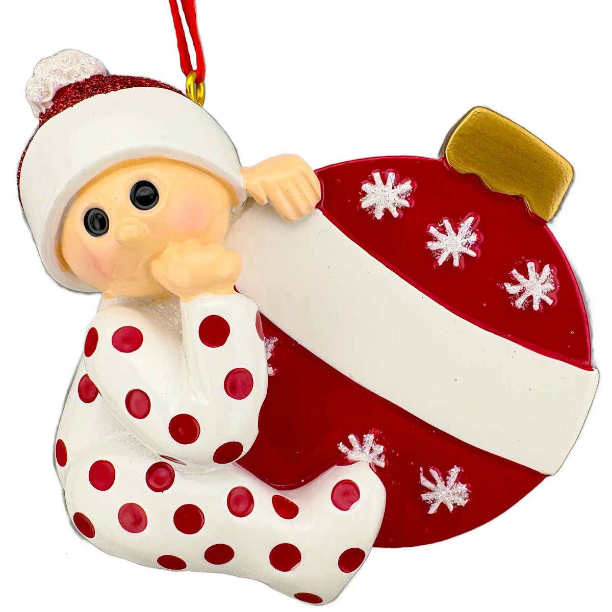 Baby's 2nd Christmas personalized ornament shown blank, baby in polka dot pajamas with a red ornament ball and empty banner before laser engraving