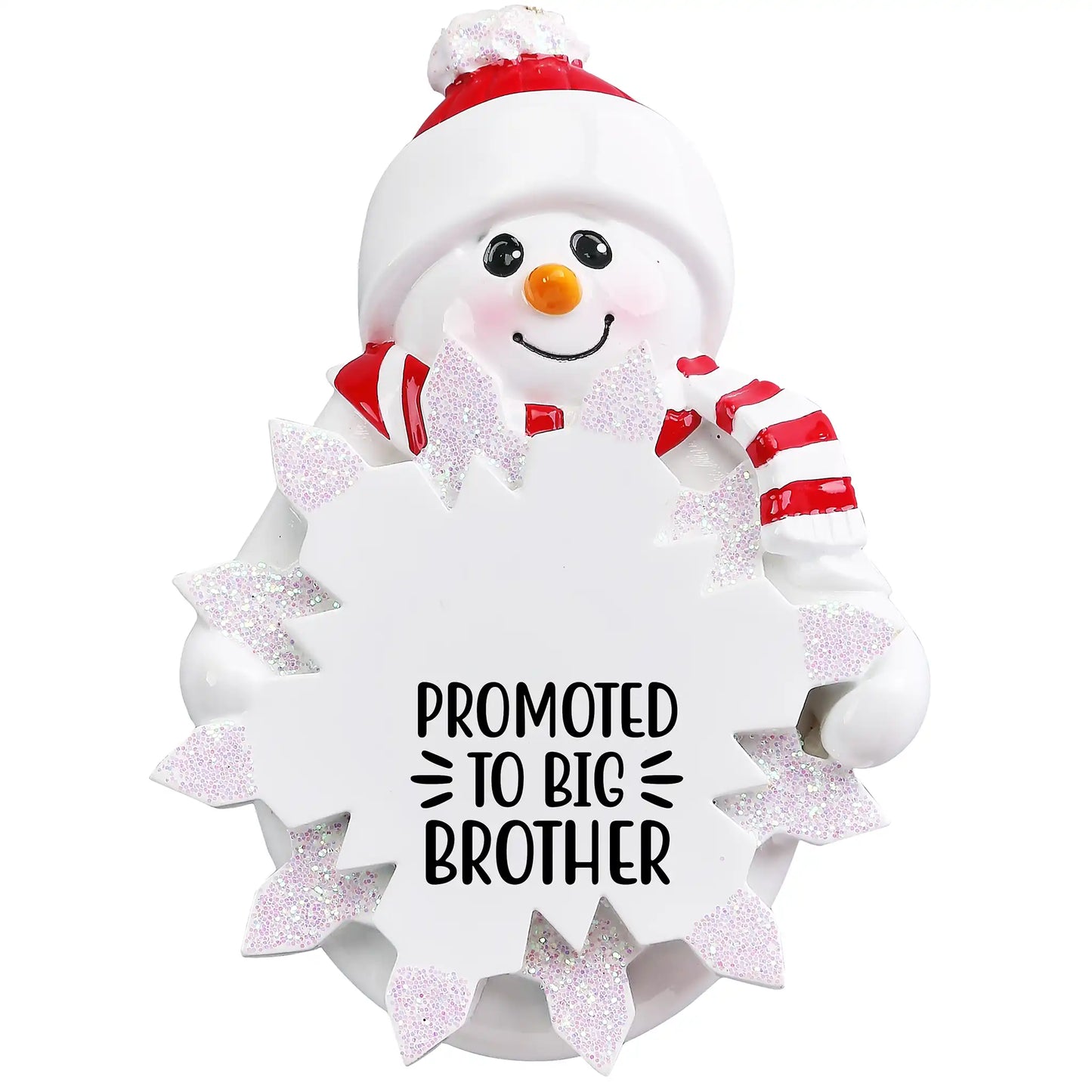 Personalized snowman ornament engraved with “Promoted to Big Brother,” featuring red hat and scarf with glitter snowflake customized with name and year.