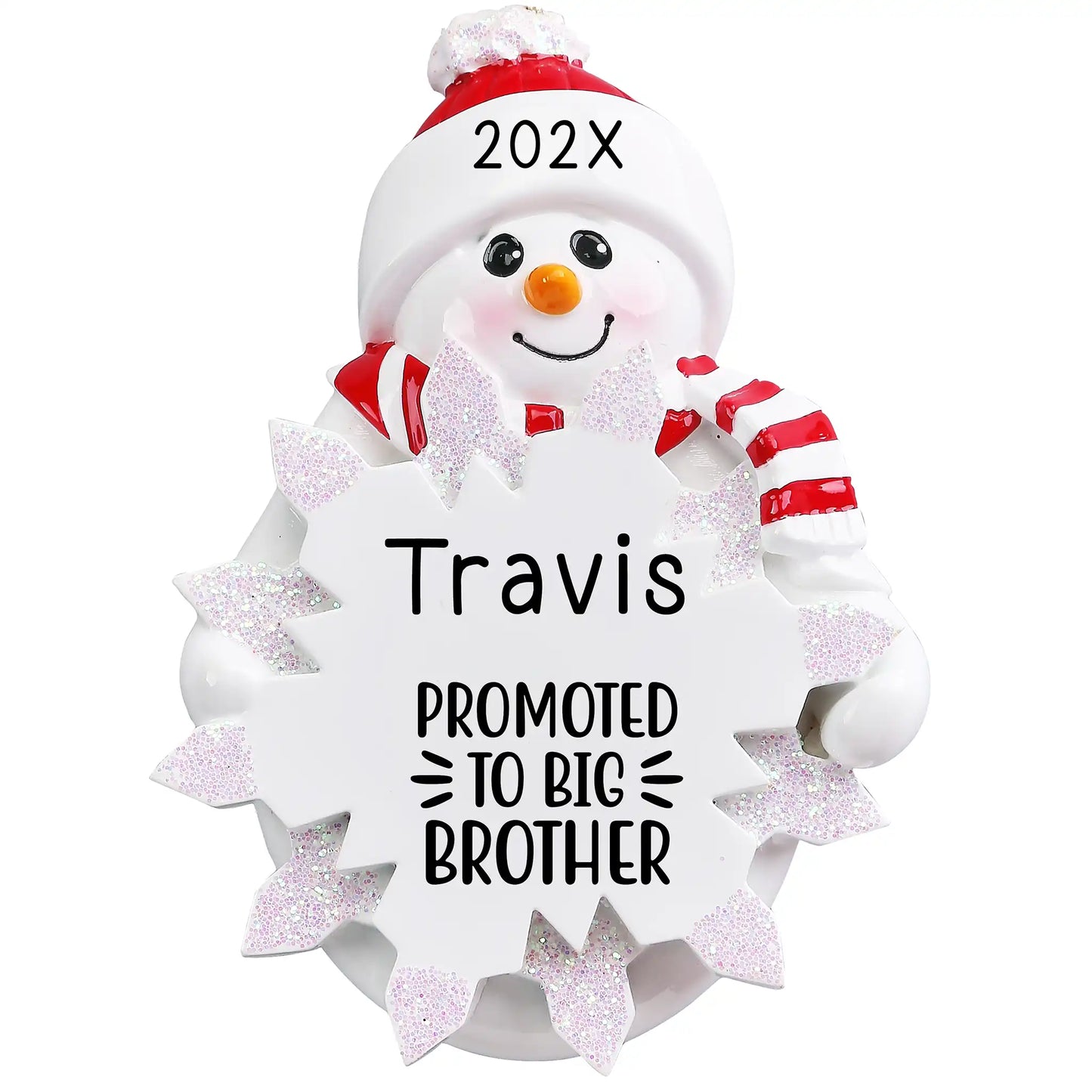Personalized Christmas ornament featuring a snowman holding a snowflake engraved with "Promoted to Big Brother," ready for a child's name and year customization.