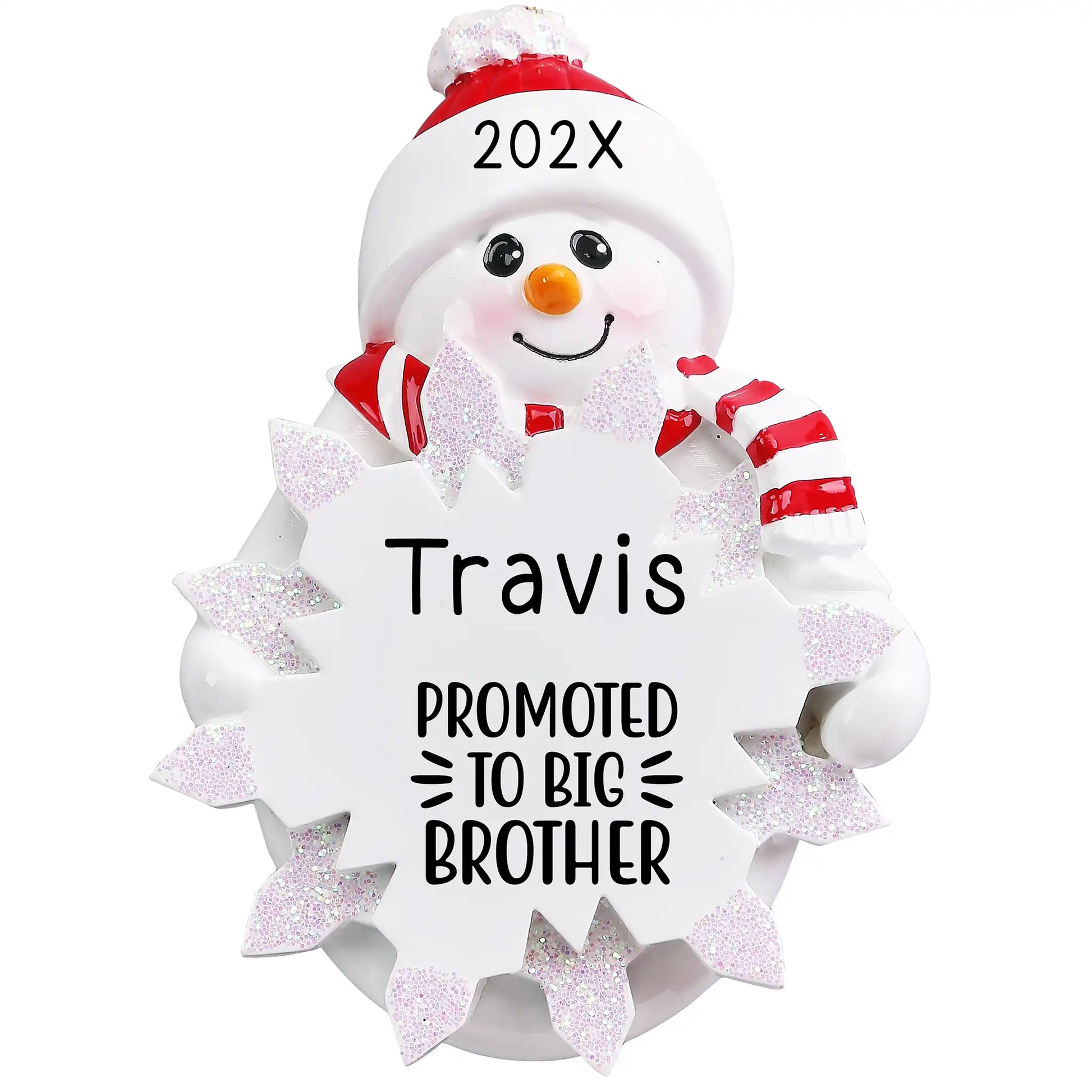 Personalized Christmas ornament featuring a snowman holding a snowflake engraved with "Promoted to Big Brother," ready for a child's name and year customization.