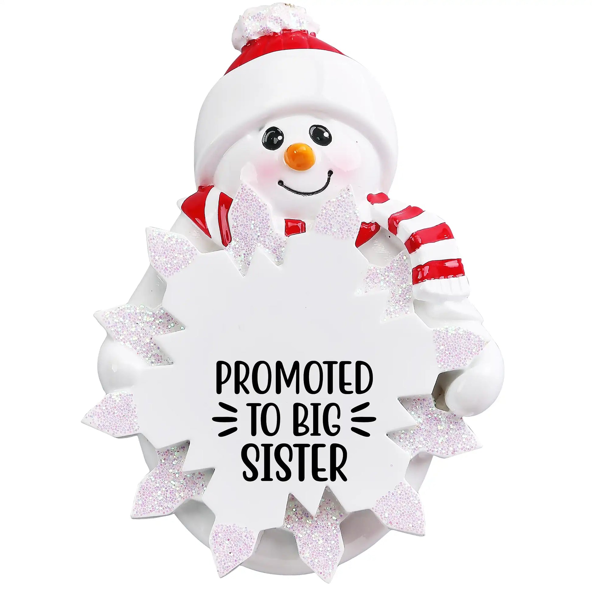 Snowman ornament with 'Promoted to Big Sister' text on a white background