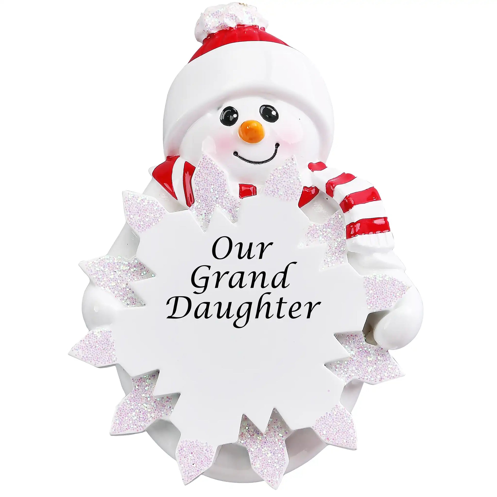 Personalized snowman ornament engraved with “Our Granddaughter,” featuring a red hat, scarf, and glitter snowflake personalized with name and year.