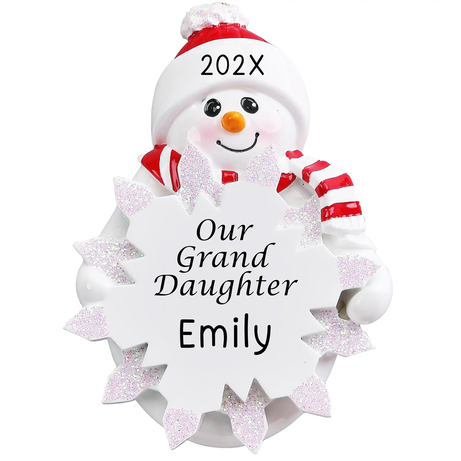Personalized Our Granddaughter snowman ornament with Santa hat and candy cane, surrounded by white glitter snowflakes