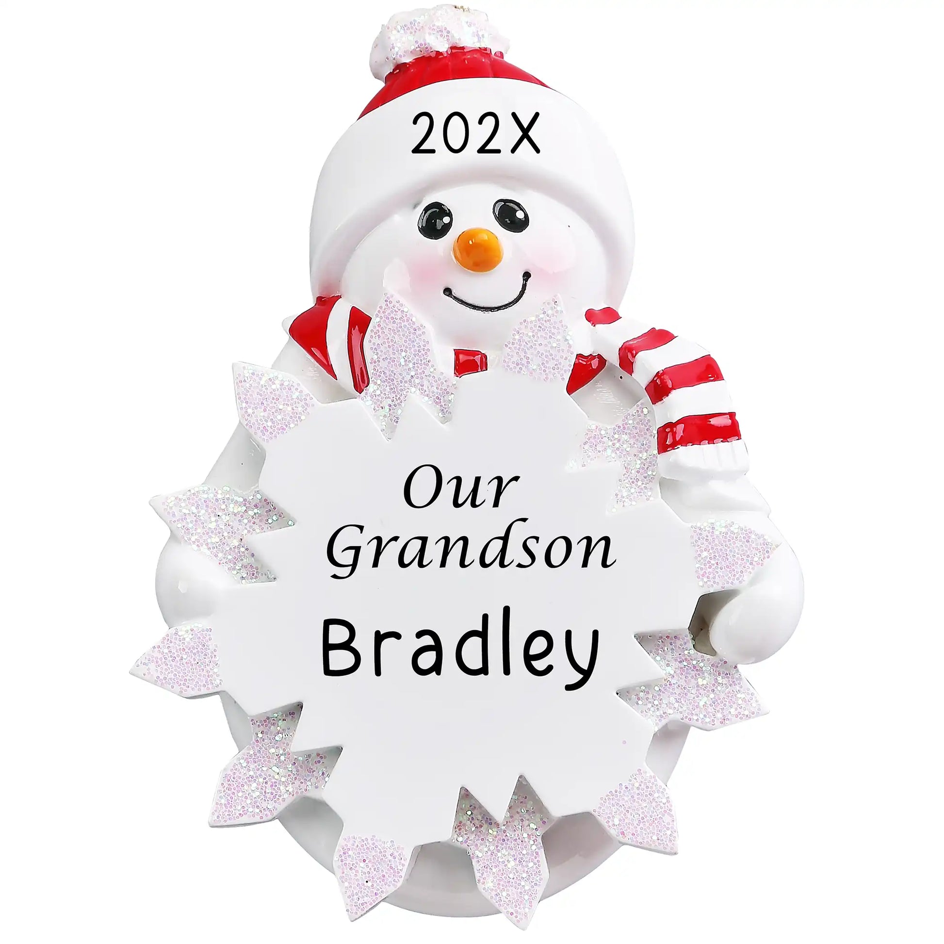 Personalized Our Grandson snowman ornament with Santa hat and candy cane, surrounded by white glitter snowflakes