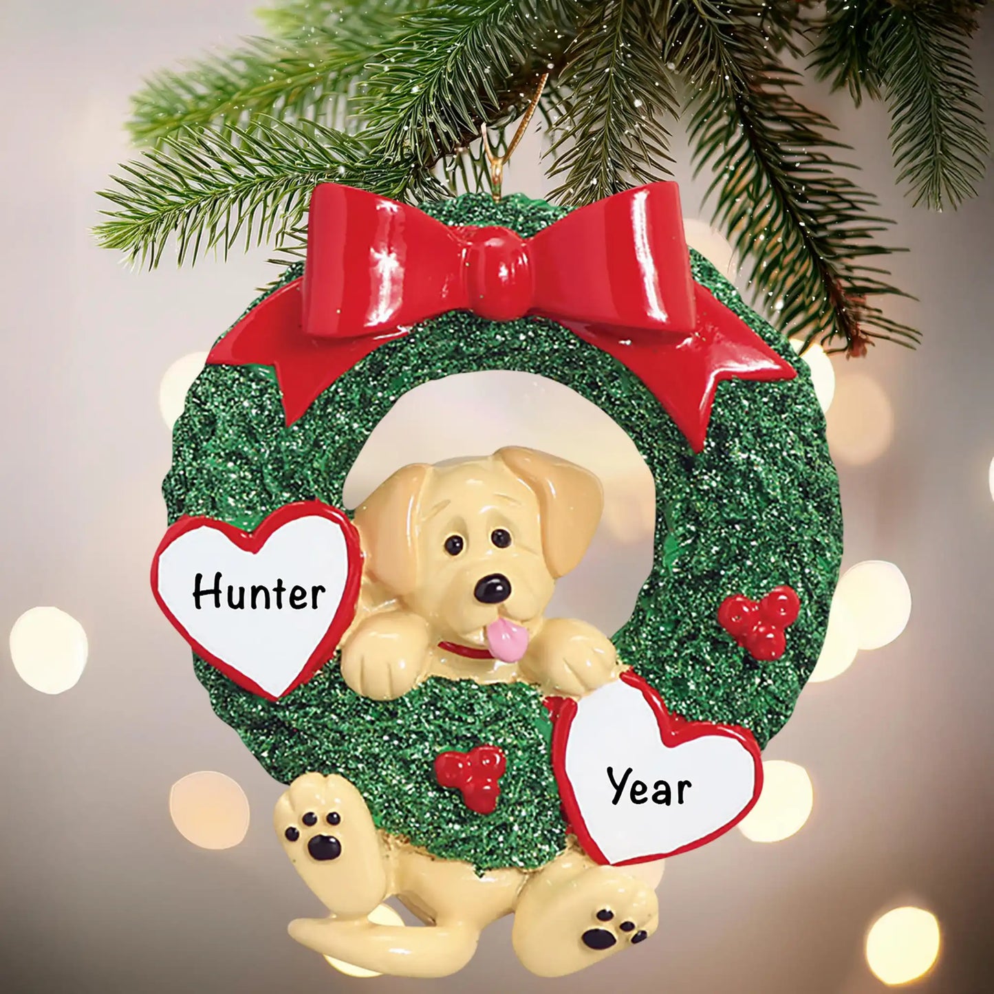 Adorno navideño de corona con purpurina de Labrador amarillo 