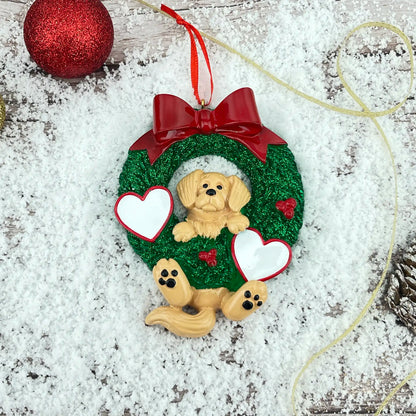 Adorno navideño con corona de purpurina de Golden Retriever 