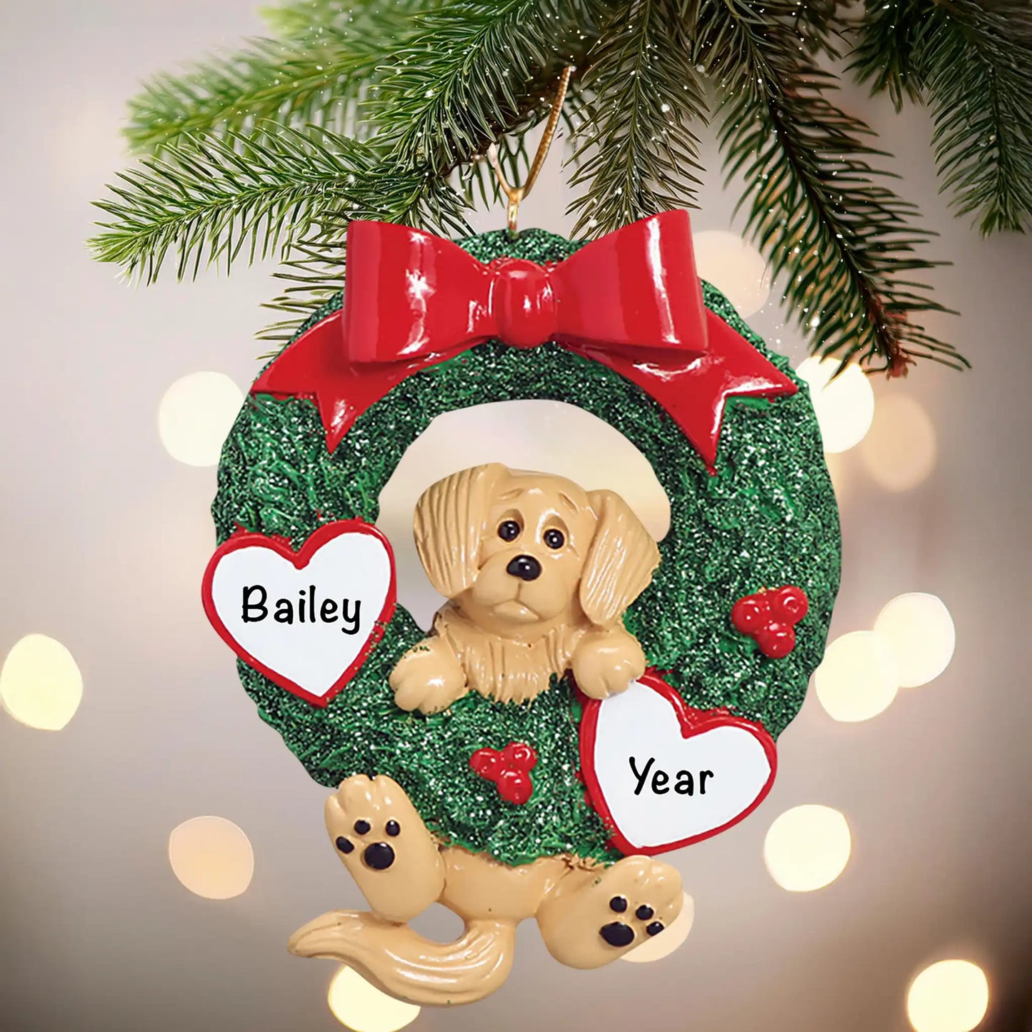 Adorno navideño con corona de purpurina de Golden Retriever 