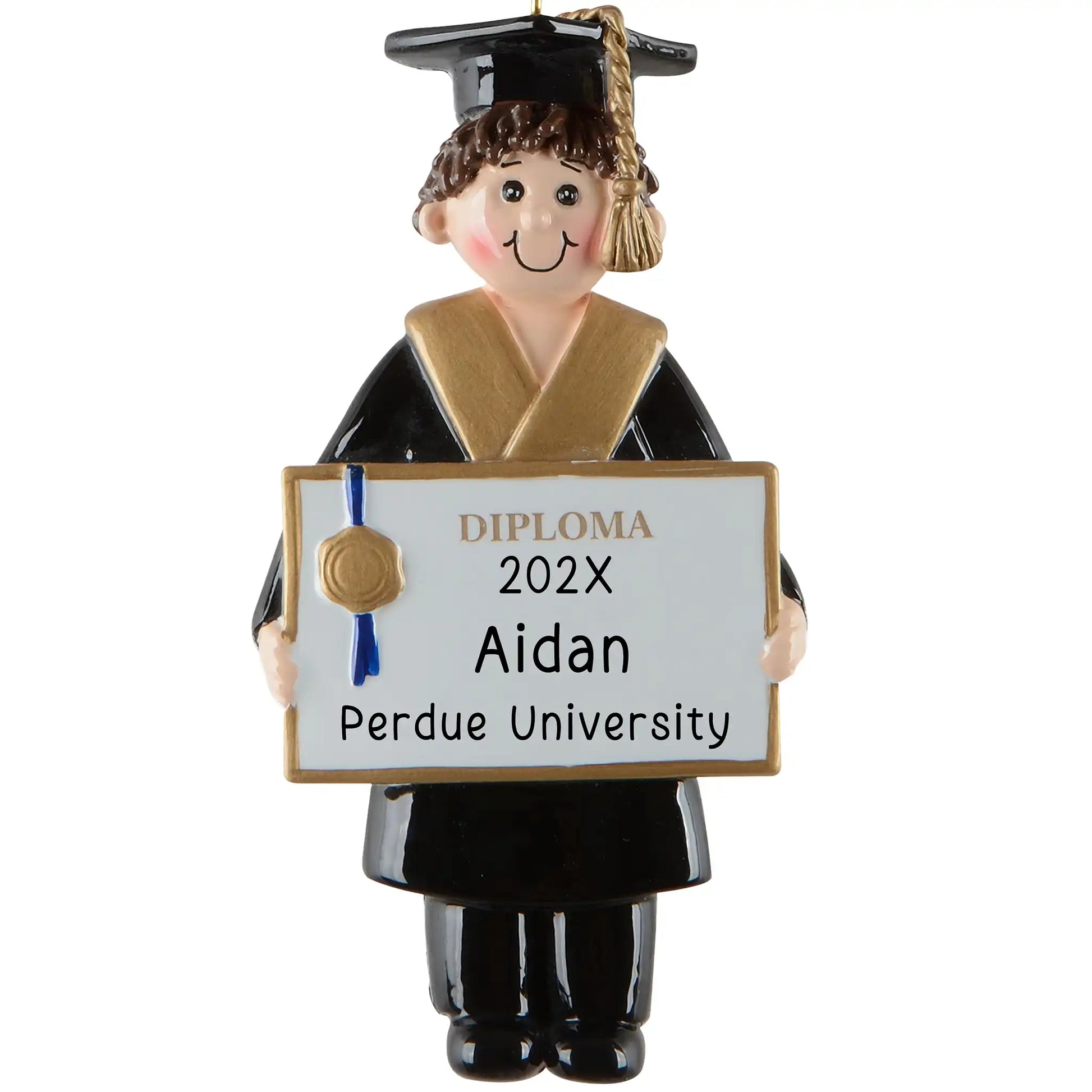 Graduation ornament with a person holding a diploma sign, personalized with 'Aidan' and 'Perdue University'.