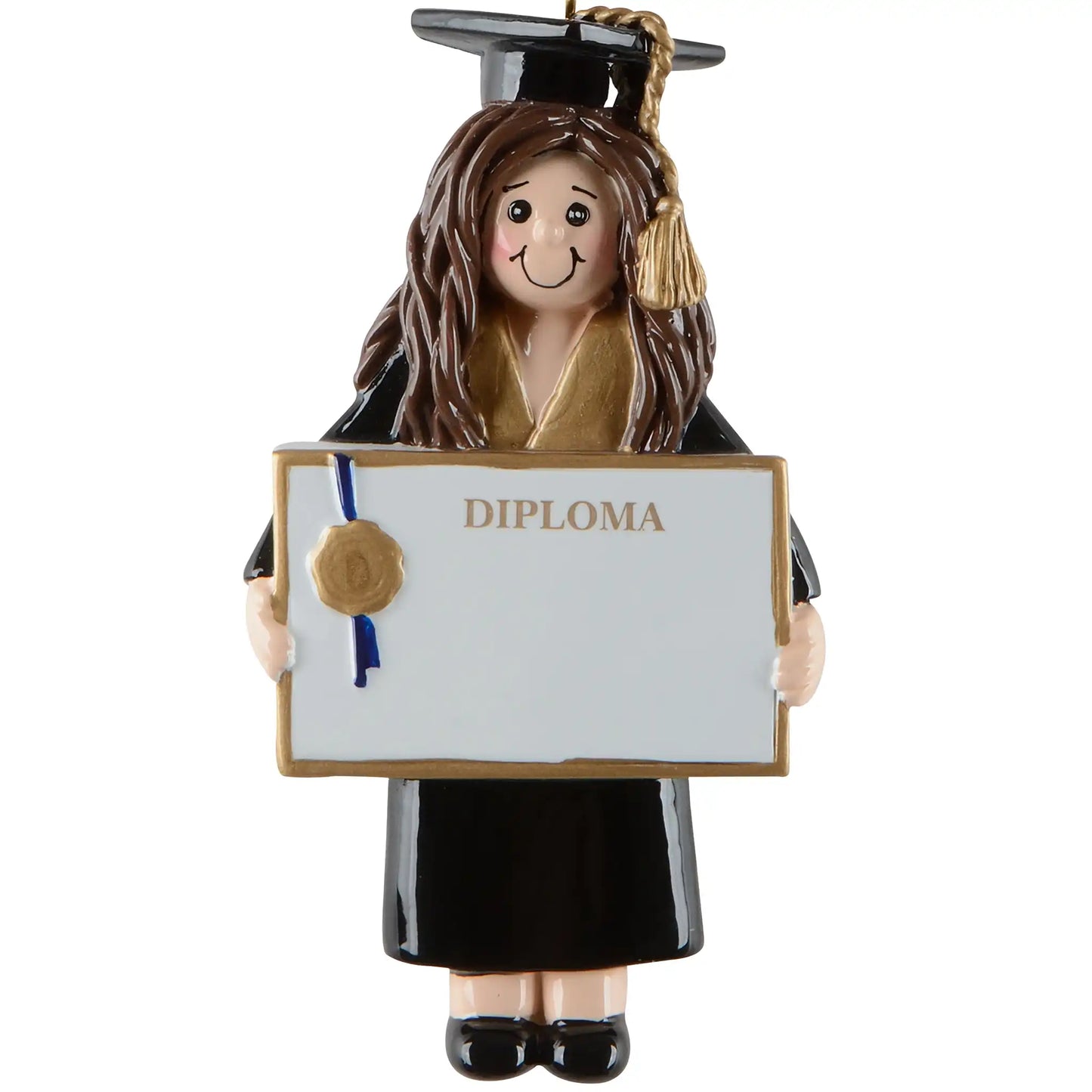 Personalized graduation girl Christmas ornament featuring a smiling graduate in a black cap and gown holding a diploma, customized with name and year