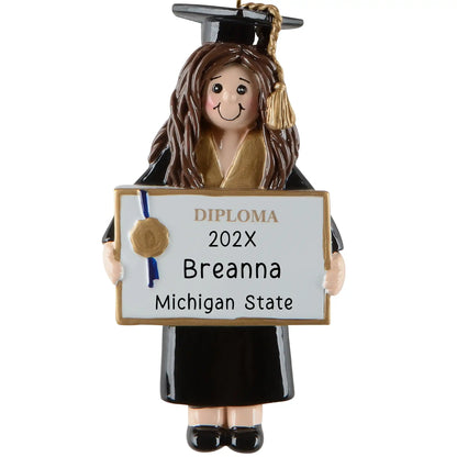 Graduation ornament with a girl holding a diploma sign, personalized with '202X Breanna Michigan State'.