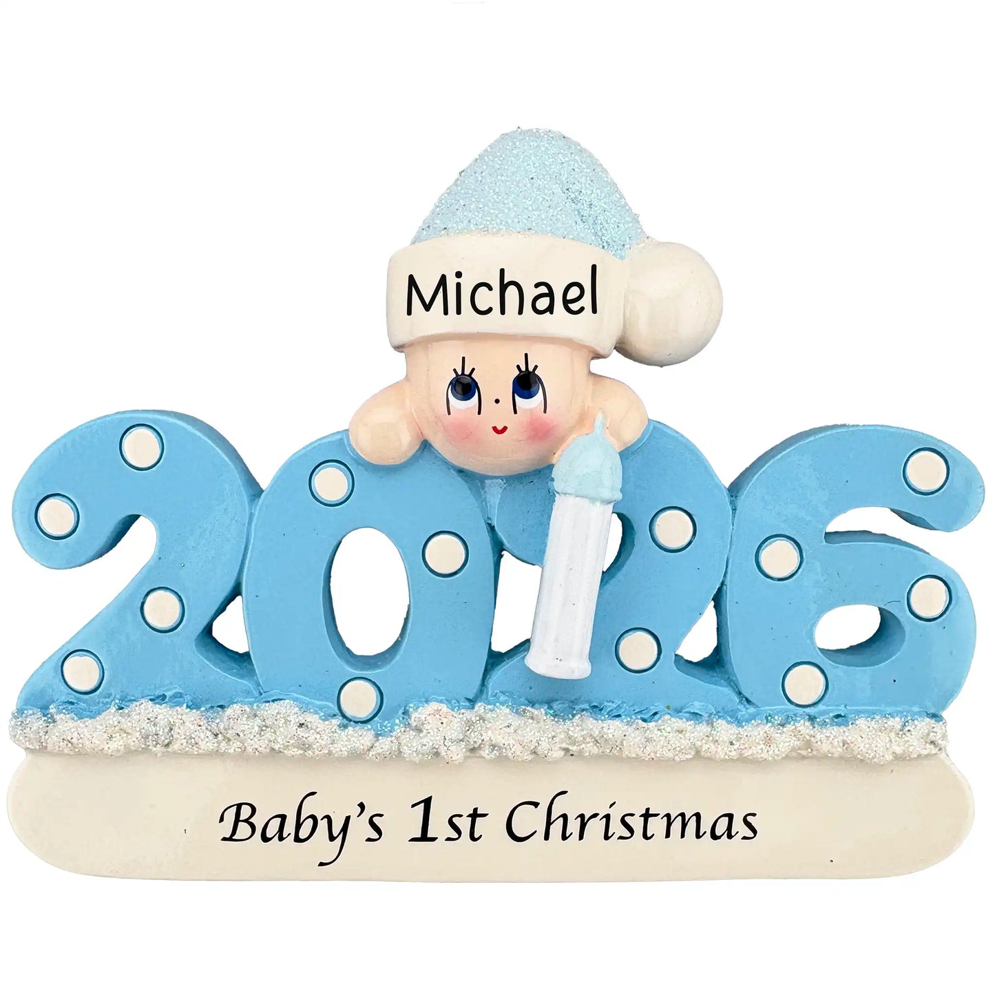 A blue 2026 Baby’s 1st Christmas ornament featuring a smiling baby in a glittery hat holding a bottle.