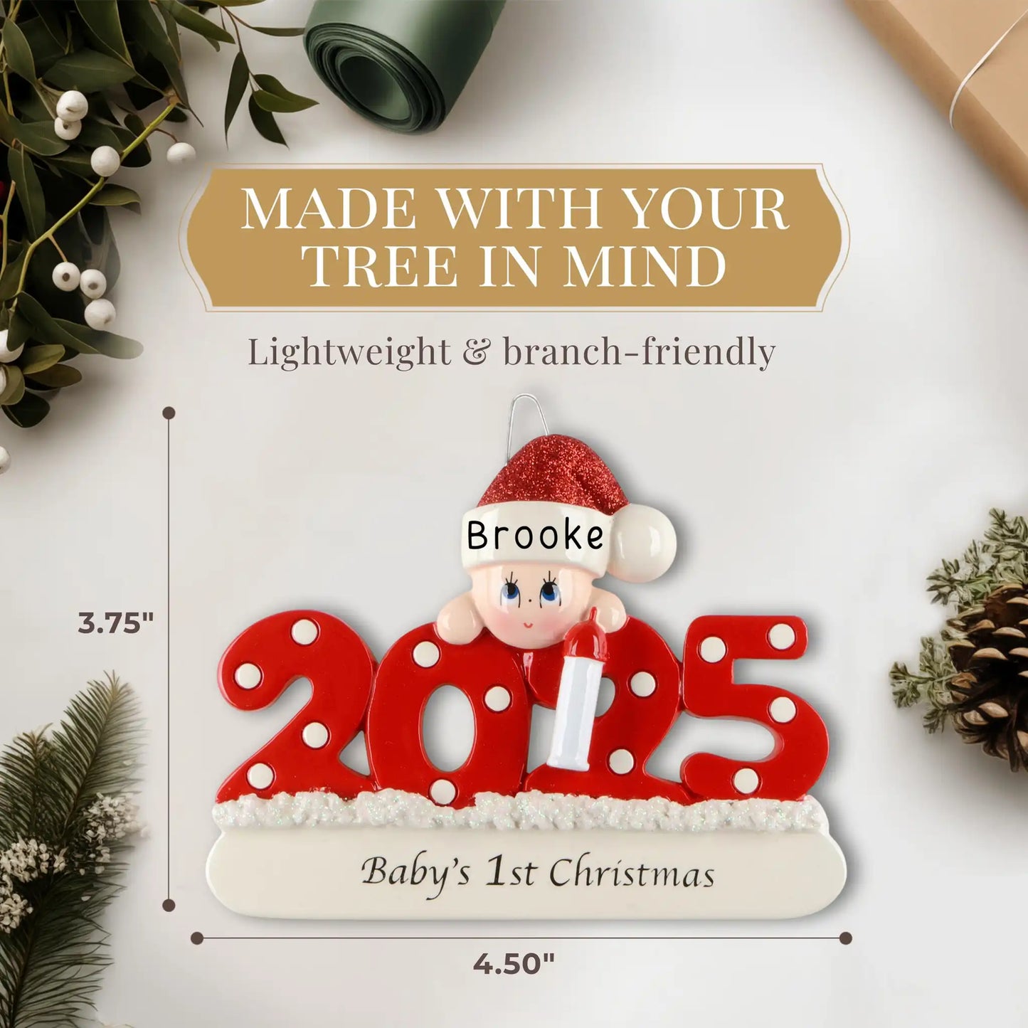 Adorno personalizado para la primera Navidad de tu bebé (niño o niña) - Rojo 2025