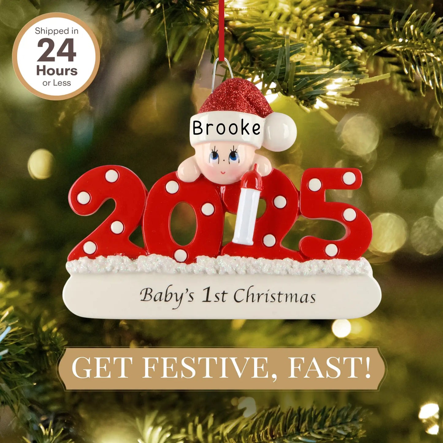 Adorno personalizado para la primera Navidad de tu bebé (niño o niña) - Rojo 2025