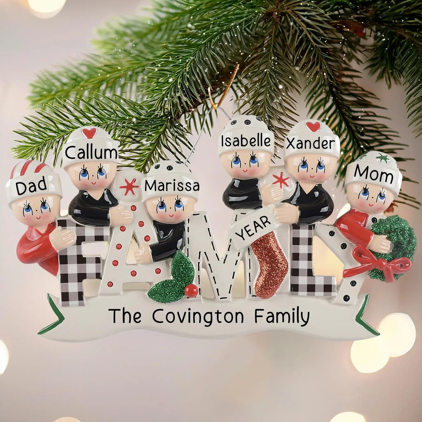 Plaid Family of 6 Christmas Ornament